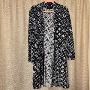 Nine West Black & White Long Cardigan Duster Sweater, Size Large, Hook & Eye